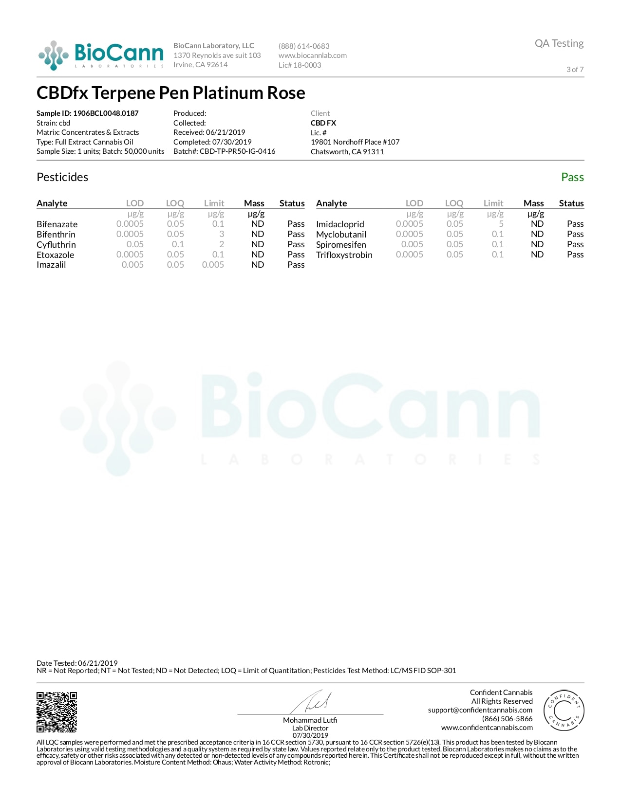 CBDfx Platinum Rose Lab Report CBD Terpenes Vape Pen 50mg