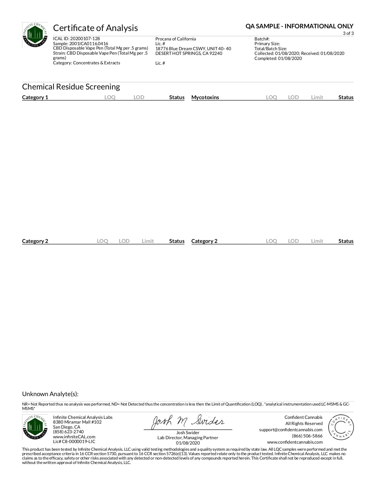 Procana CBD Disposable Vaporizer Lab Report Smooth Vanilla 200mg