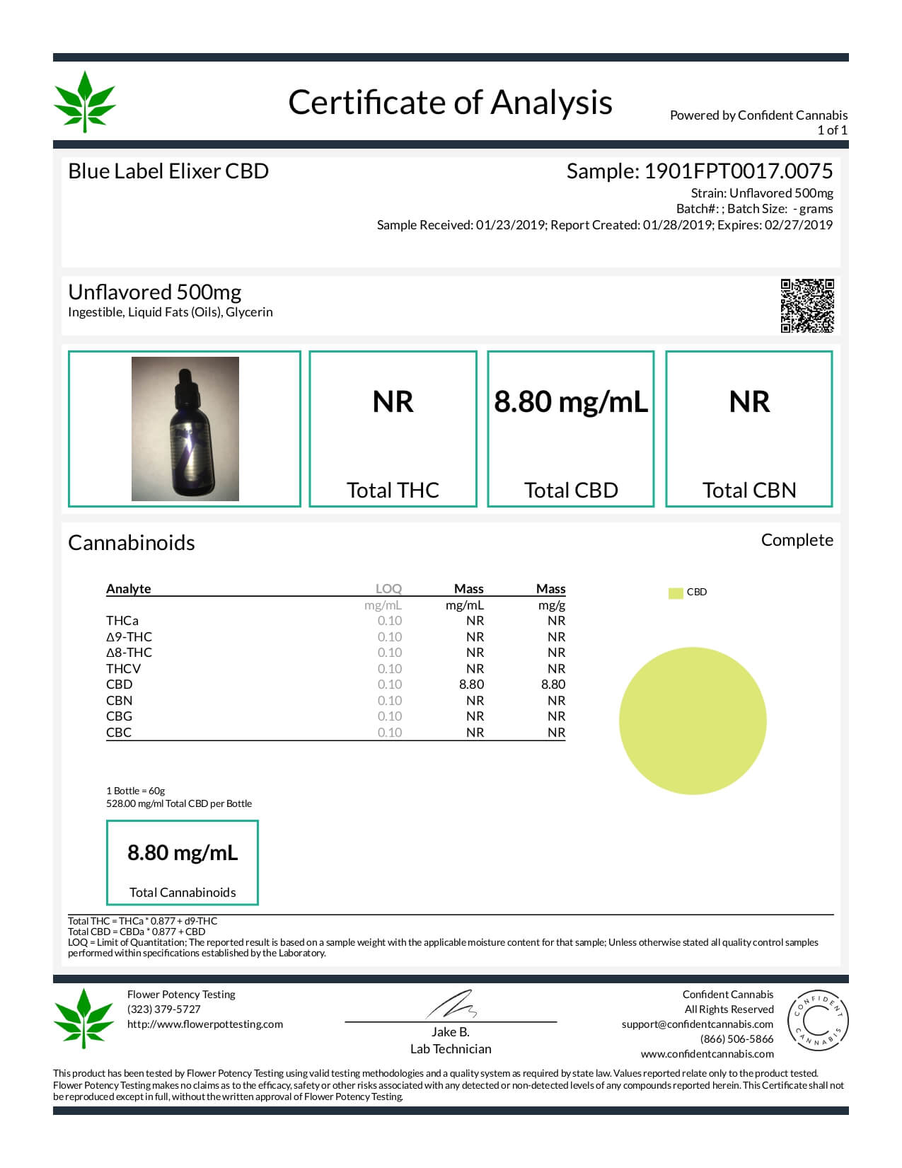 Blue Label CBD Vape Juice Unflavored Additive 500mg Lab Report
