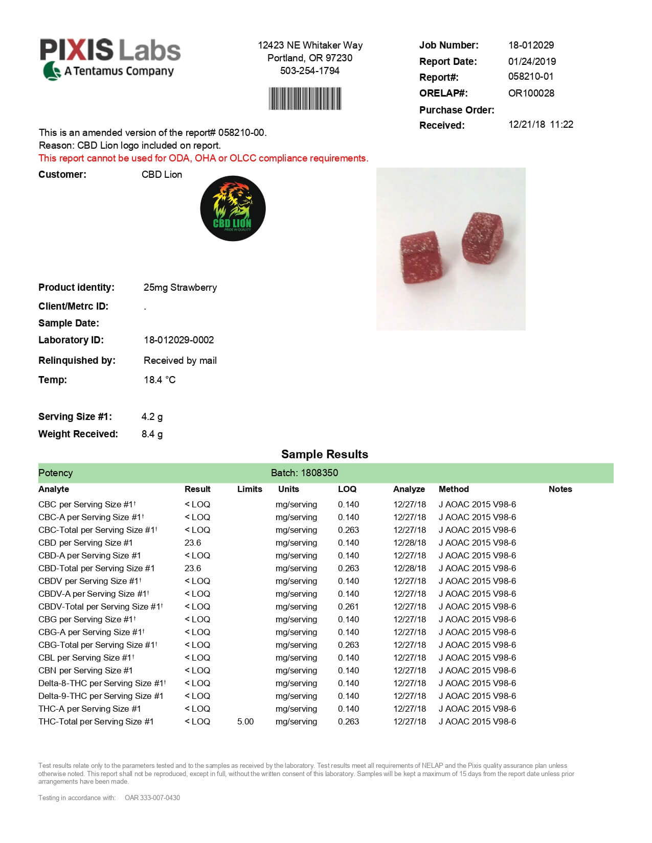 CBD Lion CBD Edible Strawberry Gummies Lab Report