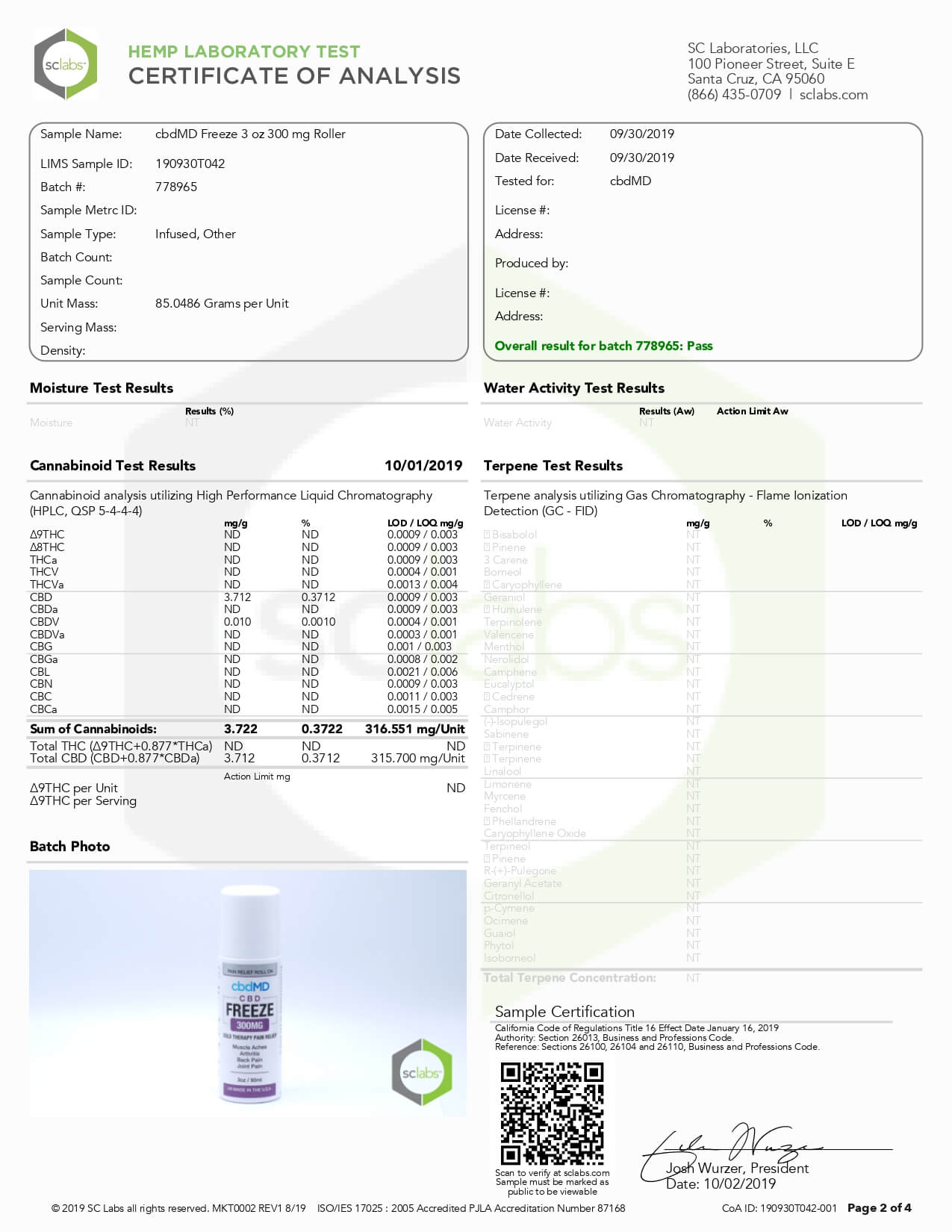 cbdMD CBD Topical Freeze Cold Therapy 3oz 300mg Lab Report