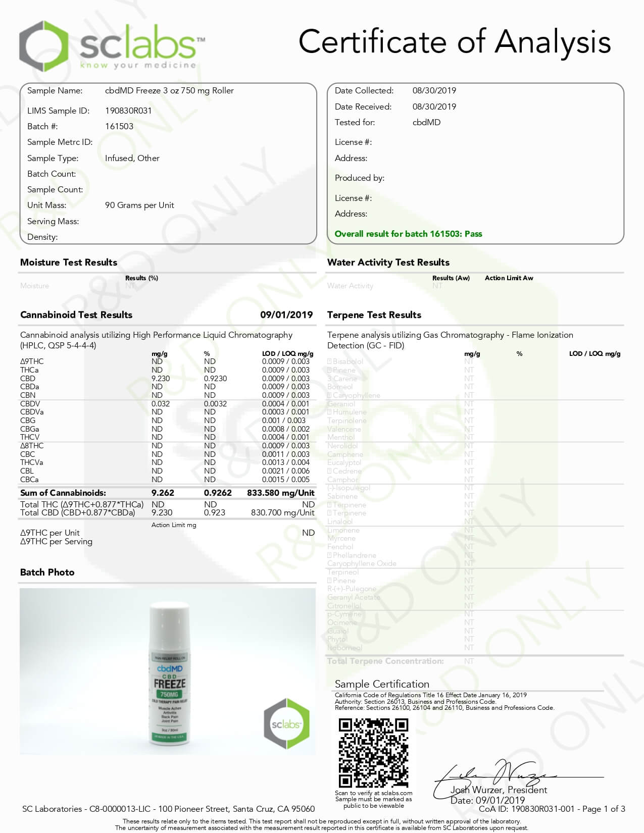 cbdMD CBD Topical Freeze Cold Therapy 3oz 750mg Lab Report