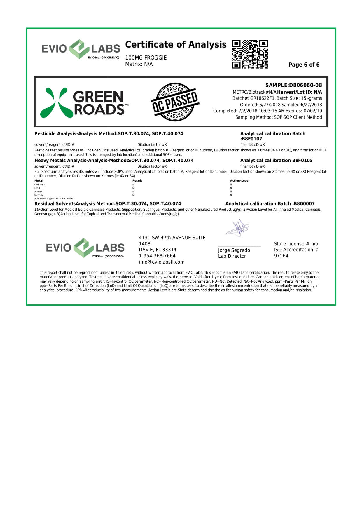 Green Roads CBD Edible Froggies 100mg Lab Report