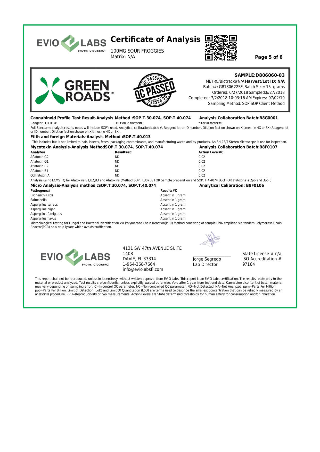 Green Roads CBD Edible Froggies SOURZ 100mg Lab Report