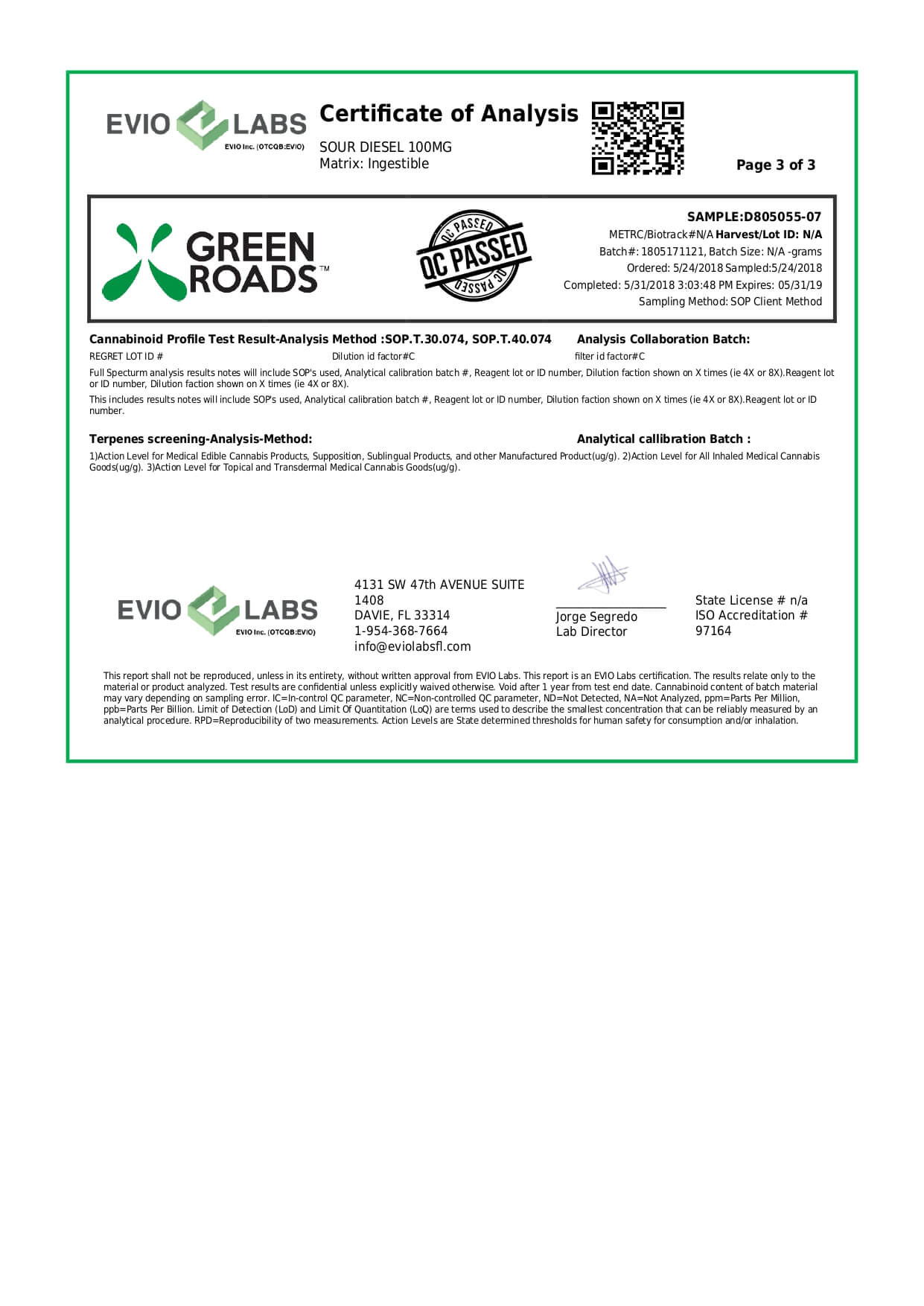 Green Roads CBD Terpenes Oil Sour Diesel 100mg Lab Report