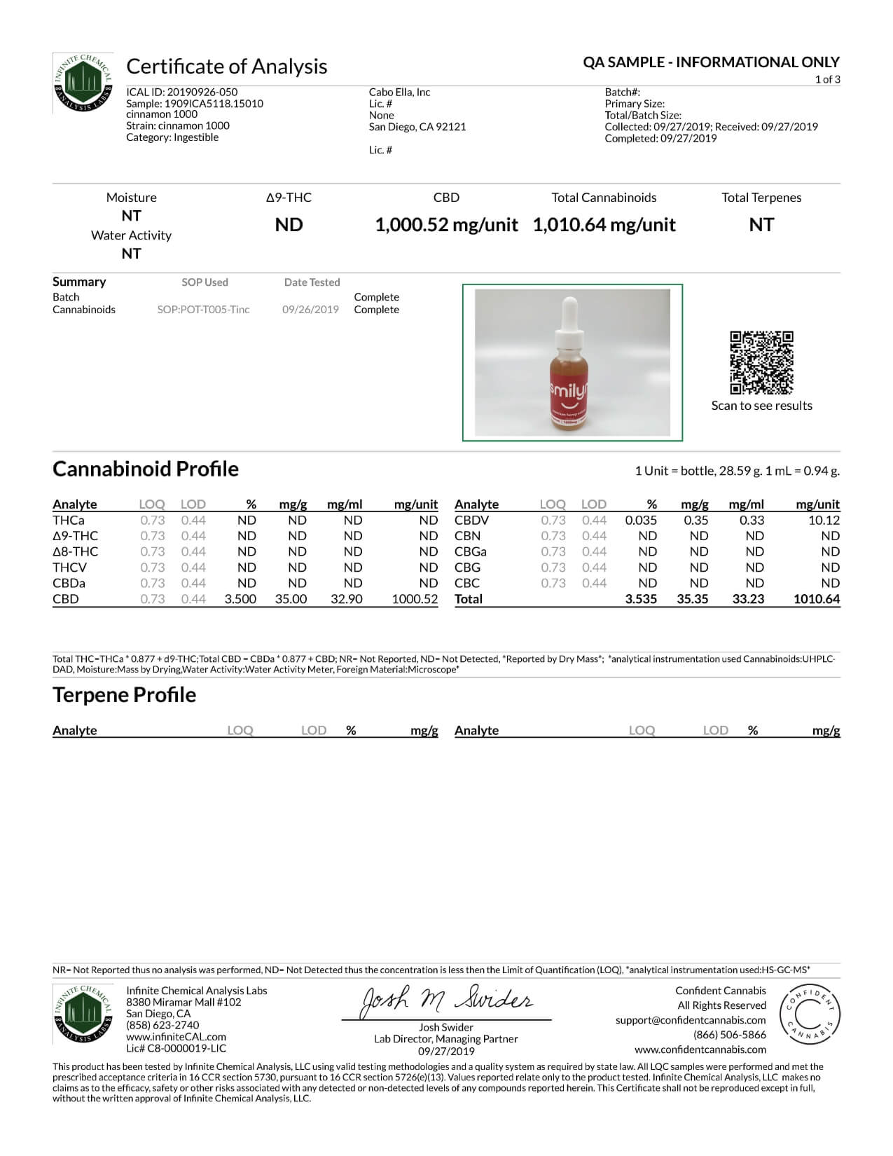 Smilyn CBD Tincture Cinnamon 1000mg Lab Report