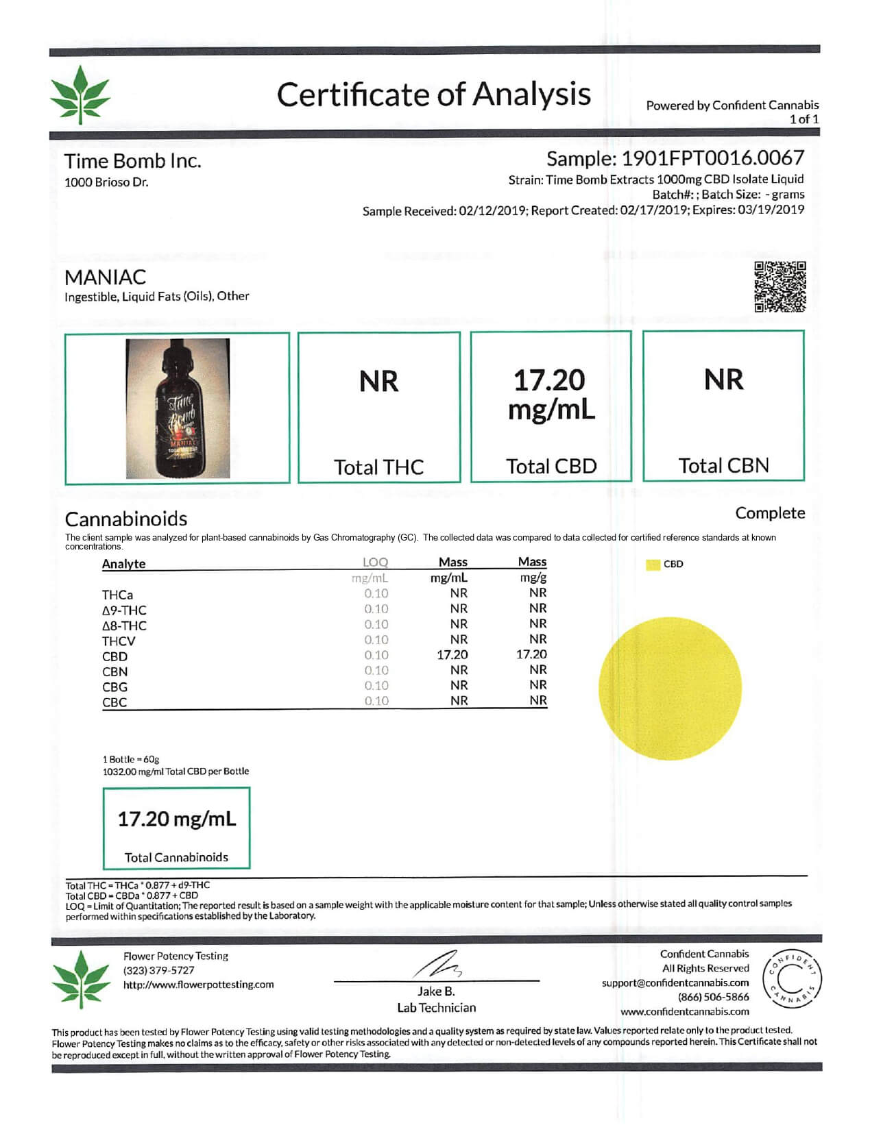 Time Bomb Extracts CBD Vape Juice Maniac 1000mg Lab Report
